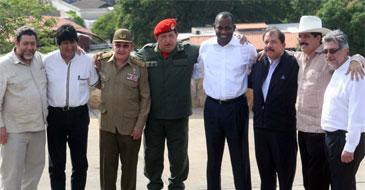 Leftist popular leaders from Latin American nations – former Bolivian President Evo Morales (second from left), Cuban President Raul Castro (third from left), former Venezuelan President Hugo Chavez (red beret), and Nicaraguan President Daniel Ortega (third from right) – have adopted an anti-imperial and anti-neoliberalism policies designed to increase political, economic, and social instability among opponents in the Western Hemisphere.